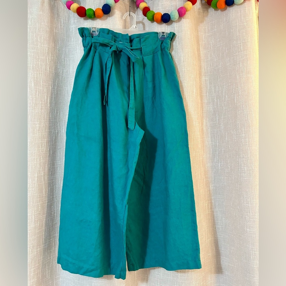 Teal wide leg crop paper bag pants